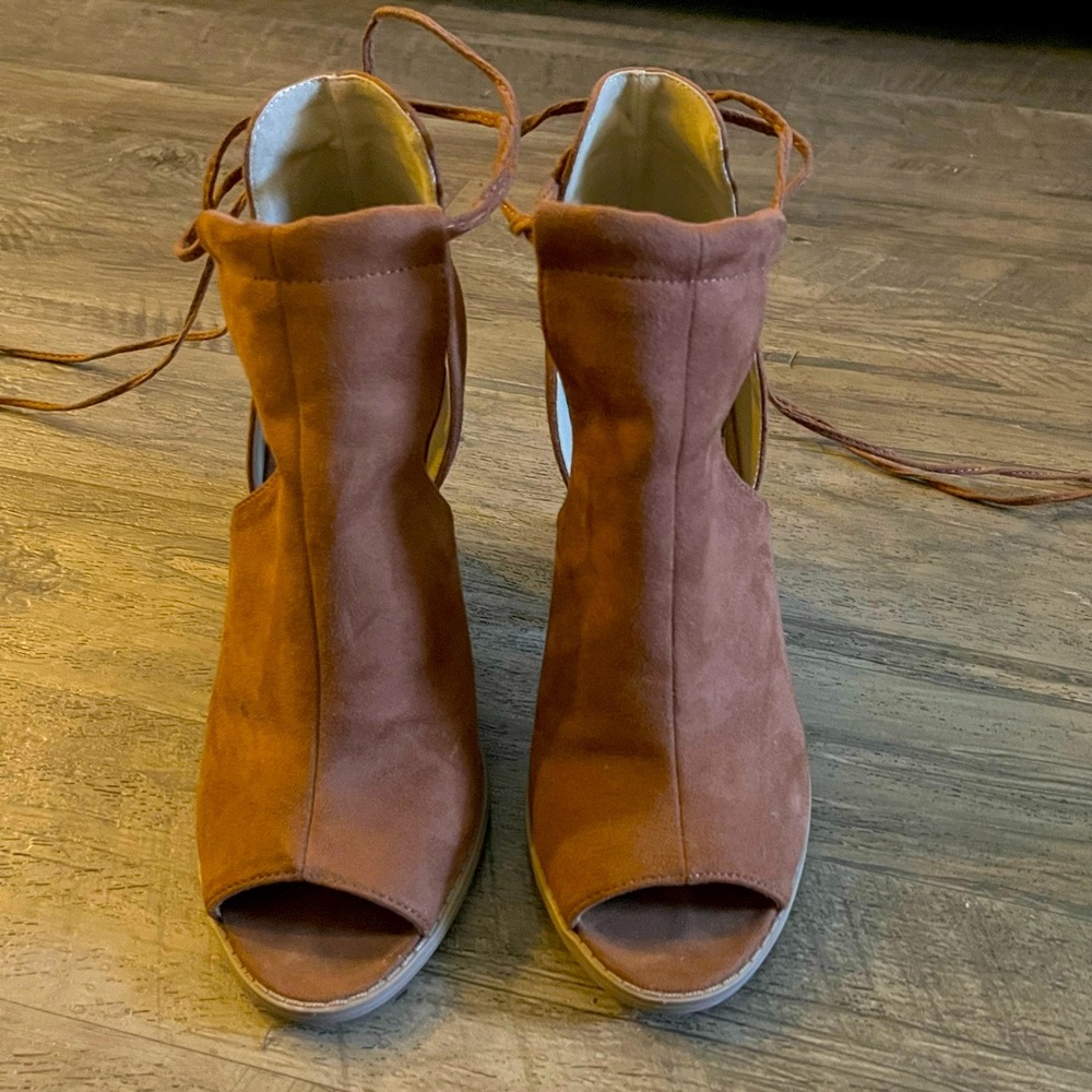 Brown Suede Lace up peep toe booties. Women’s size 7